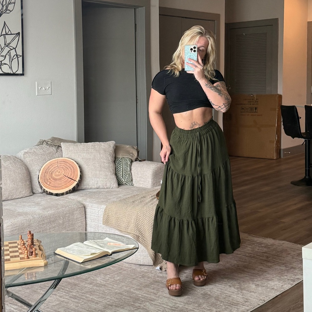 SHEIN Olive Green Tiered Maxi Skirt